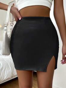 Firerie High Waist Split Hem PU Bodycon Skirt - Black - View 5