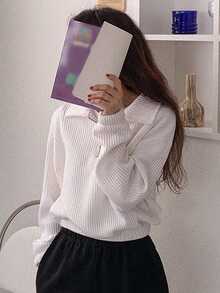 DAZY Solid Half Zip Drop Shoulder Ribbed Knit Sweatshirt - White - View 4