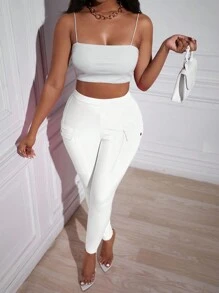 Slaydiva Flap Pocket Side Skinny Pants - White - View 5
