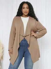 SHEIN CURVE+ 大码瀑布领开衫 - 卡其色 - 查看 1