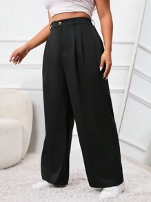SHEIN PETITE CURVE Plus Size Solid Color Front Button Simple Casual Suit Pants Graduation,Back To School,Teacher Outfits For Women,Suitable For Daily Wear And Commuting In Fall/Winter