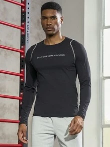 Gym Rark Men Slogan Graphic Top-Stitching Sports Tee Long Sleeve Shirt Compression Shirt Men - Black - View 3