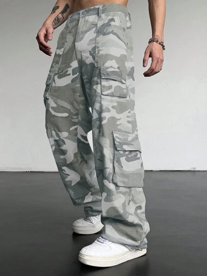Manfinity Roghcode Men Camo Print Flap Pocket Cargo Pants, Long Street Wear Baggy Pants, For Husband, Boyfriend Gifts, Fall