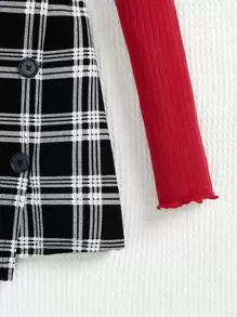 SHEIN Niña preadolescente - Camiseta de manga larga de un solo color rojo con acabado de lechuga y falda pantalón a cuadros negros con detalle de botones, para otoño e invierno, excelente para uso casual diario y escolar en otoño e invierno, para Navidad