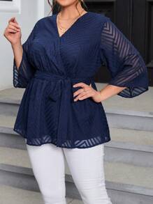 SHEIN Privé Plus Solid Belted Wrap Blouse - Navy Blue - View 3