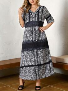 SHEIN Unity Hơn In hoa Ditsy Cổ v Đầm - Đen và trắng - Xem 3