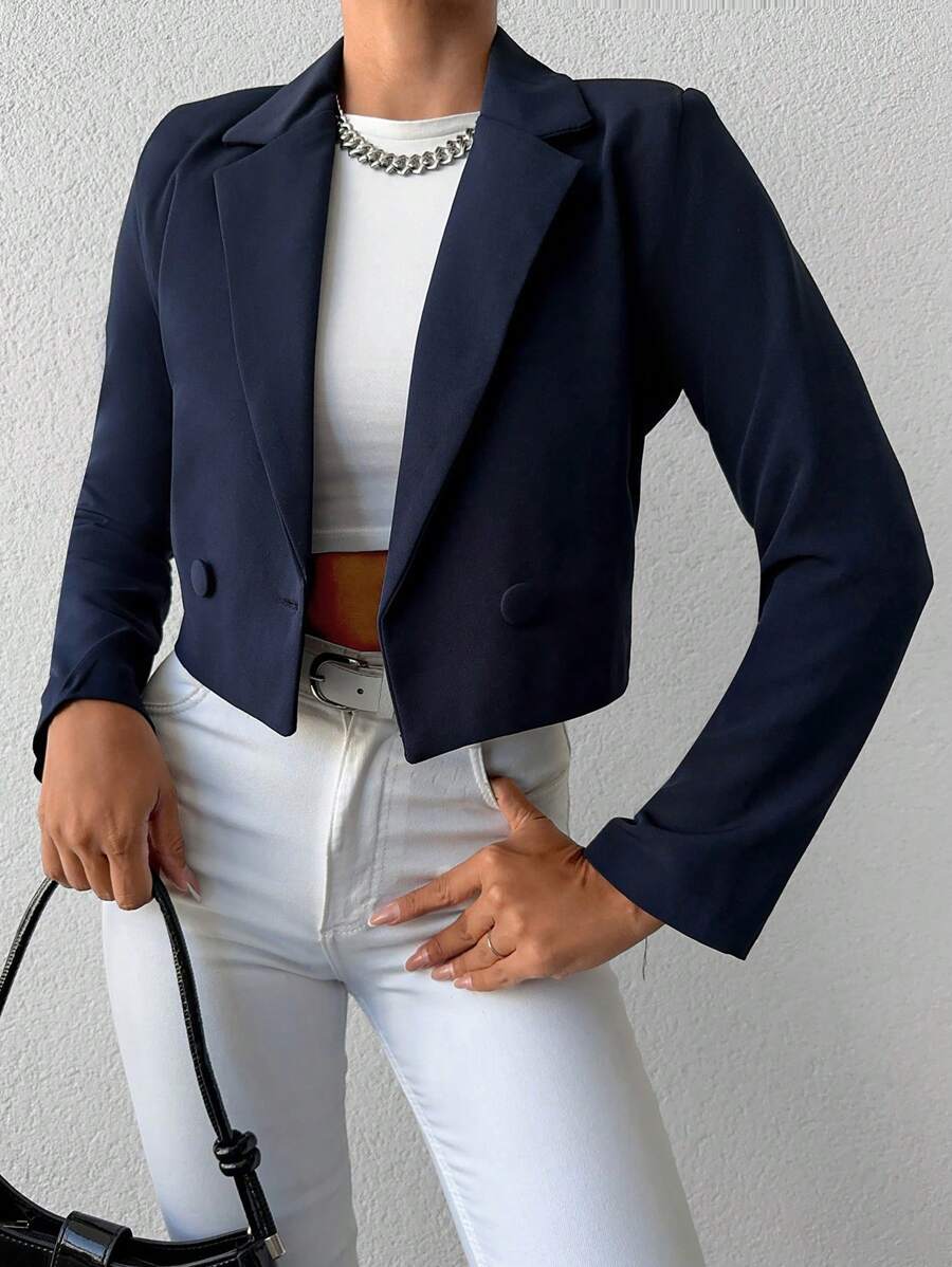 EURMUSE Solid Color Long Sleeve Two-Button Short Casual Suit Jacket - Navy Blue - View 1
