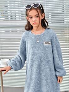 SHEIN Cô gái Tween Thư được vá Thả vai Teddy Đầm - Màu xanh lam - Xem 3