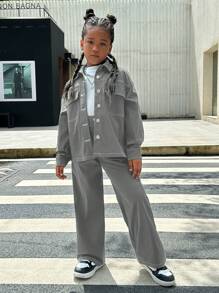 SHEIN 女大童翻蓋口袋落肩袖襯衫和褲子 - 淺灰色 - 查看 6