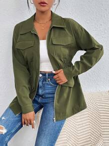 SHEIN Essnce Flap Pocket Drop Shoulder Zipper Coat - Army Green - View 6