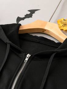 SHEIN LUNE Plus Halloween Print Zip Up Hooded Jacket - Black - View 5