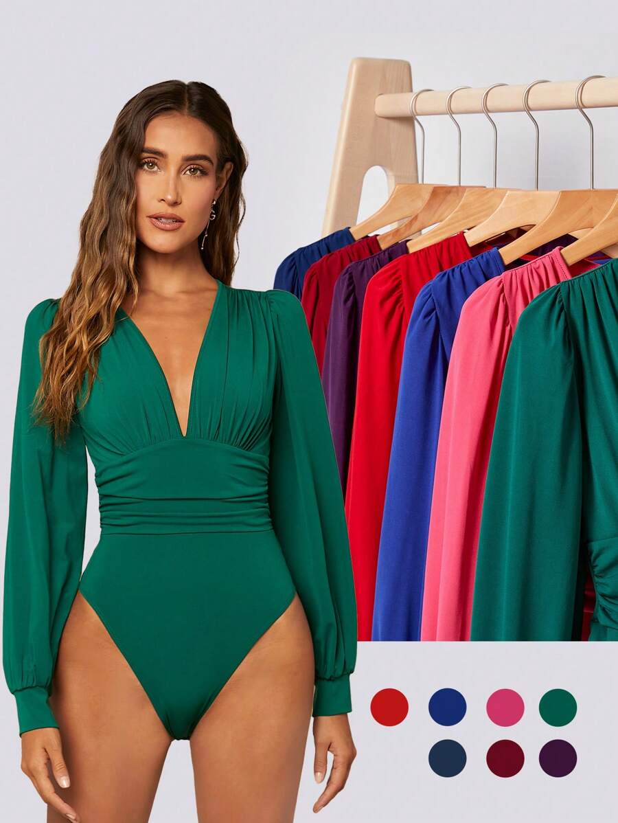 BizChic 褶邊燈籠袖連體衣工作服 - 綠色 - 查看 1