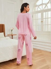 In Trái tim Bộ áo Tee & quần PJ - Hồng - Xem 5