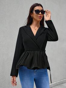 Aveloria Lapel Neck Knot Side Wrap Peplum Blazer Fall Cloth For Women - Black - View 3