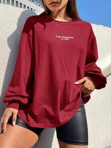 SHEIN EZwear 字母圖案落肩T恤 - 酒紅色 - 查看 6