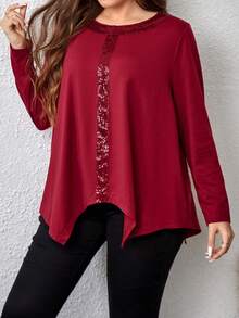 EMERY ROSE Hơn Ren tương phản Viền không đối xứng Áo thun - Màu Đỏ Sâu - Xem 4