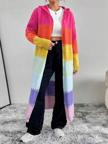SHEIN Unity Colorblock Drop Shoulder Hooded Duster Cardigan - Multicolor - View 6