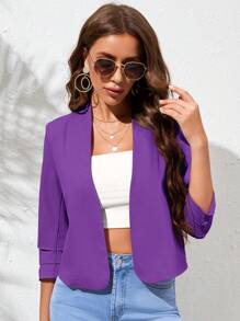 SHEIN Clasi Solid Open Front Ruched Sleeve Jacket - Purple - View 1