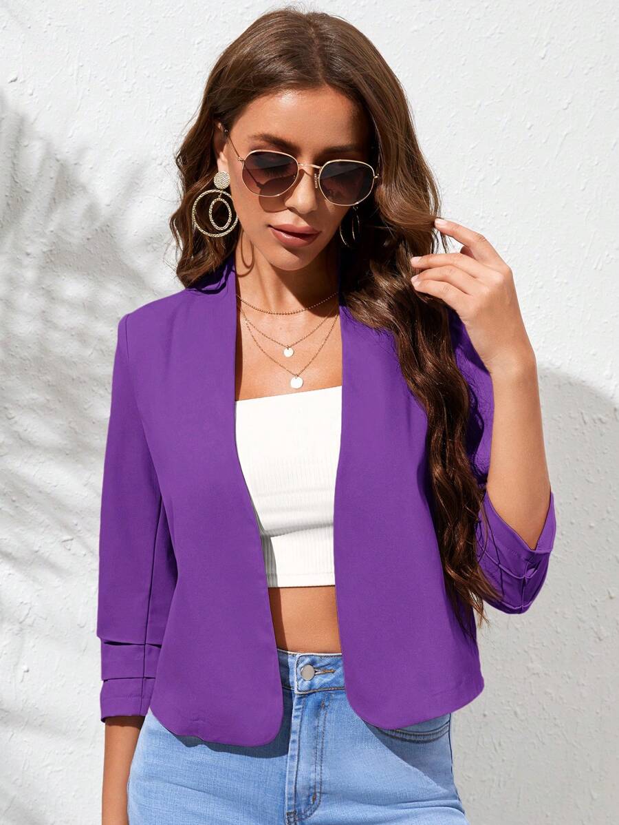 SHEIN Clasi Solid Open Front Ruched Sleeve Jacket - Purple - View 1