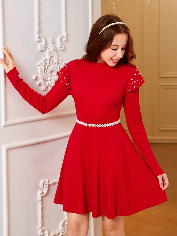 Teen Girl Pearls Beaded Mock Neck Dress Without Belt for Christmas