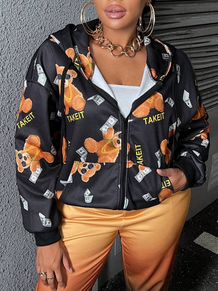 Slaydiva Plus Size Bear & Letter Graphic Zip Up Drawstring Sweatshirt - Black - View 6