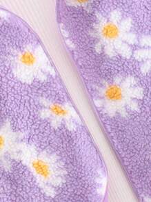 SHEIN Tween Girl Floral Pattern Hooded Teddy Coat Without Sweater - Purple - View 4