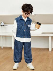 SHEIN Young Boy Flap Pocket Denim-Effect Print Vest Jacket & Pants & Solid Shirt - Multicolor - View 6