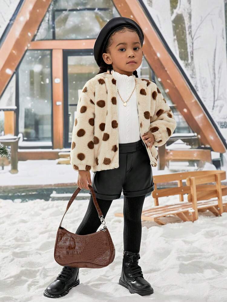 Young Girl Polka Dot Pattern Drop Shoulder 3D Ear Design Hooded Teddy Jacket