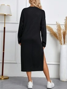 SHEIN Maternity Solid Drop Shoulder Split Thigh Dress - Black - View 2