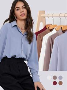 BizChic Blusa de drapeado de manga larga con solapa de unicolor para mujer, estilo urbano básico, elegante y simple, de moda, casual, adecuada para maestros y uso en la oficina - Azul - Ver 5