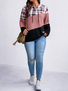 SHEIN LUNE 加大码格子印花撞色抽绳卫衣 - 粉色 - 查看 7