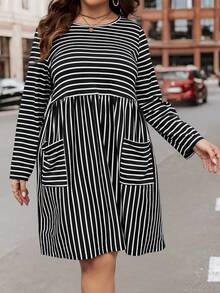 SHEIN LUNE Plus Striped Print Pocket Patched Dress - Black and White - View 5