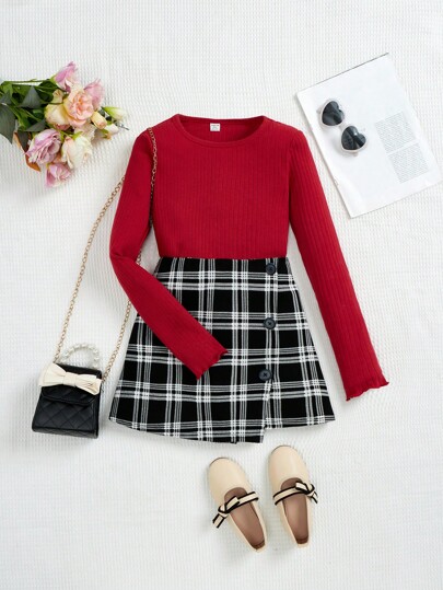 SHEIN Teen Girl Lettuce Trim Tee & Plaid Button Detail Skort