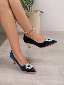 2023 New Arrival Rhinestone Decorated Elegant High Heels With Pointed Toe, Fashionable All-match Lightly Grained Pu Leather Women's Shoes - Royal Blue - View 2