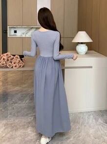DAZY Chất rắn Viền không đối xứng Váy Dây Với Bolero Shrug Top - Màu xanh bụi bặm - Xem 4