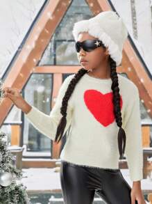 Young Girl Heart Pattern Drop Shoulder Sweater - White - View 3