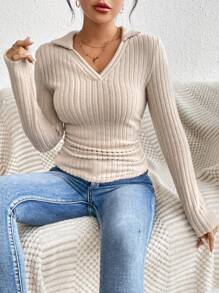 SHEIN Frenchy Camiseta unicolor tejida de canalé - Albaricoque - Ver 5