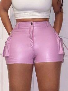 Slaydiva Lace Up Side PU Leather Shorts - Pink - View 1