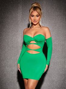 SHEIN SXY 一字肩前鏤空緊身洋裝 - 綠色 - 查看 6