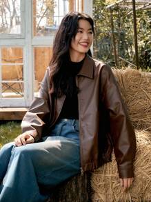 DAZY Zip Up Drop Shoulder PU Leather Jacket,Fall Women Clothes - Coffee Brown - View 7