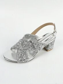春夏女士时尚银色亮片高跟交叉绑带踝带凉鞋，低粗跟 - 銀色 - 查看 6