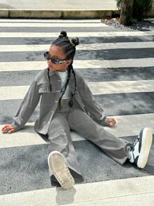 SHEIN 女大童翻蓋口袋落肩袖襯衫和褲子 - 淺灰色 - 查看 7