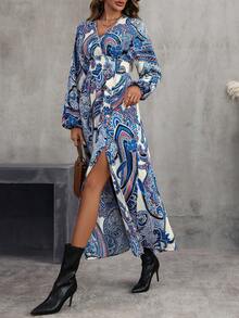 SHEIN VCAY Paisley Print Lantern Sleeve Dress - Multicolor - View 5