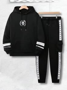 Manfinity Hypemode Men Letter Graphic Drawstring Hoodie & Sweatpants - Black - View 6