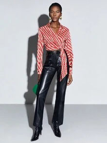 BizChic Allover Print Knot Side Wrap Blouse - Red - View 2