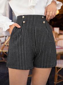 SHEIN Frenchy Plaid Print Button Detail Shorts Summer Elegant - Black and White - View 4
