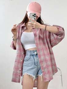 DAZY Plaid Print Drop Shoulder Shirt,Long Sleeve Tops,Back To School Clothes,Flannels Women - Pink - View 3