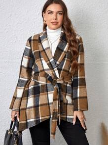 EMERY ROSE Plus Plaid Print Asymmetrical Hem Belted Overcoat - Multicolor - View 4