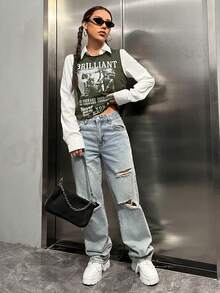 SHEIN EZwear Top tank con estampado de figura y slogan - Verde militar - Ver 6