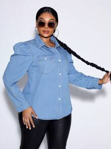 SHEIN SXY Plus Gigot Sleeve Flap Pocket Denim Blouse - Blue - View 3